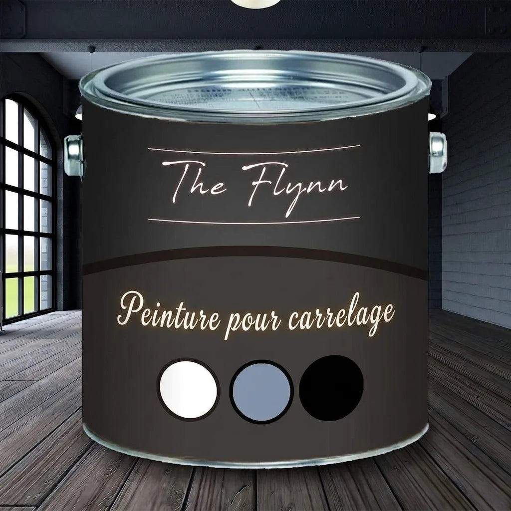 Pot de peinture The Flynn Fliesenlack noir, options blanc, gris et noir, dans un intérieur moderne.