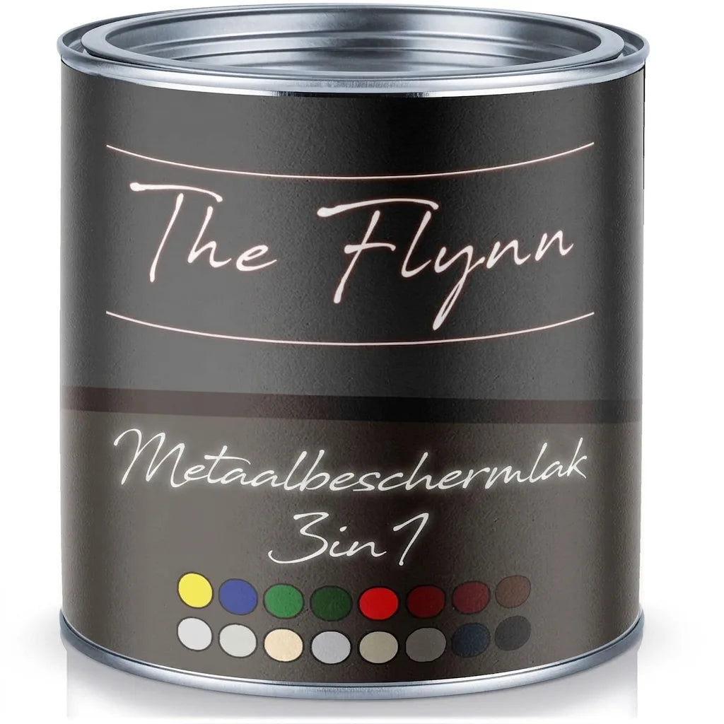 Blik The Flynn 3-in-1 metaalbeschermlak in verschillende kleuren, waaronder geel, blauw, groen, rood en bruin.