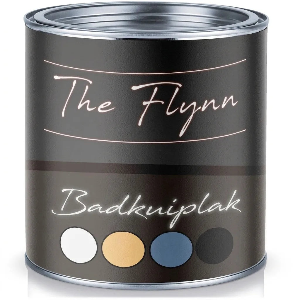 Blik The Flynn badkuipverf met kleurstalen voor wit, geel, blauw en zwart, ideaal voor badkamerrenovatie.