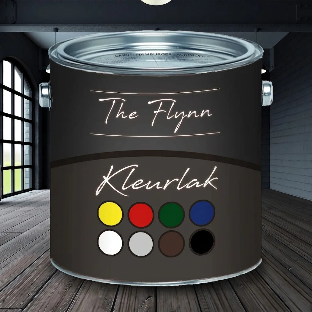 Een donkere verfblik met het label 'The Flynn Bunttack' en acht kleurstalen op een houten vloer.