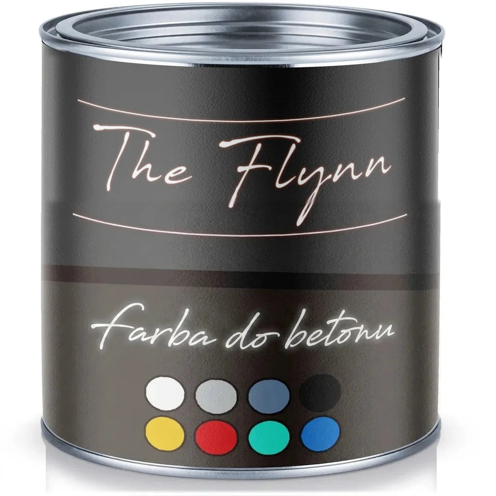Czarna puszka farby do betonu z napisem 'The Flynn Betonfarbe' i ośmioma próbkami kolorów.