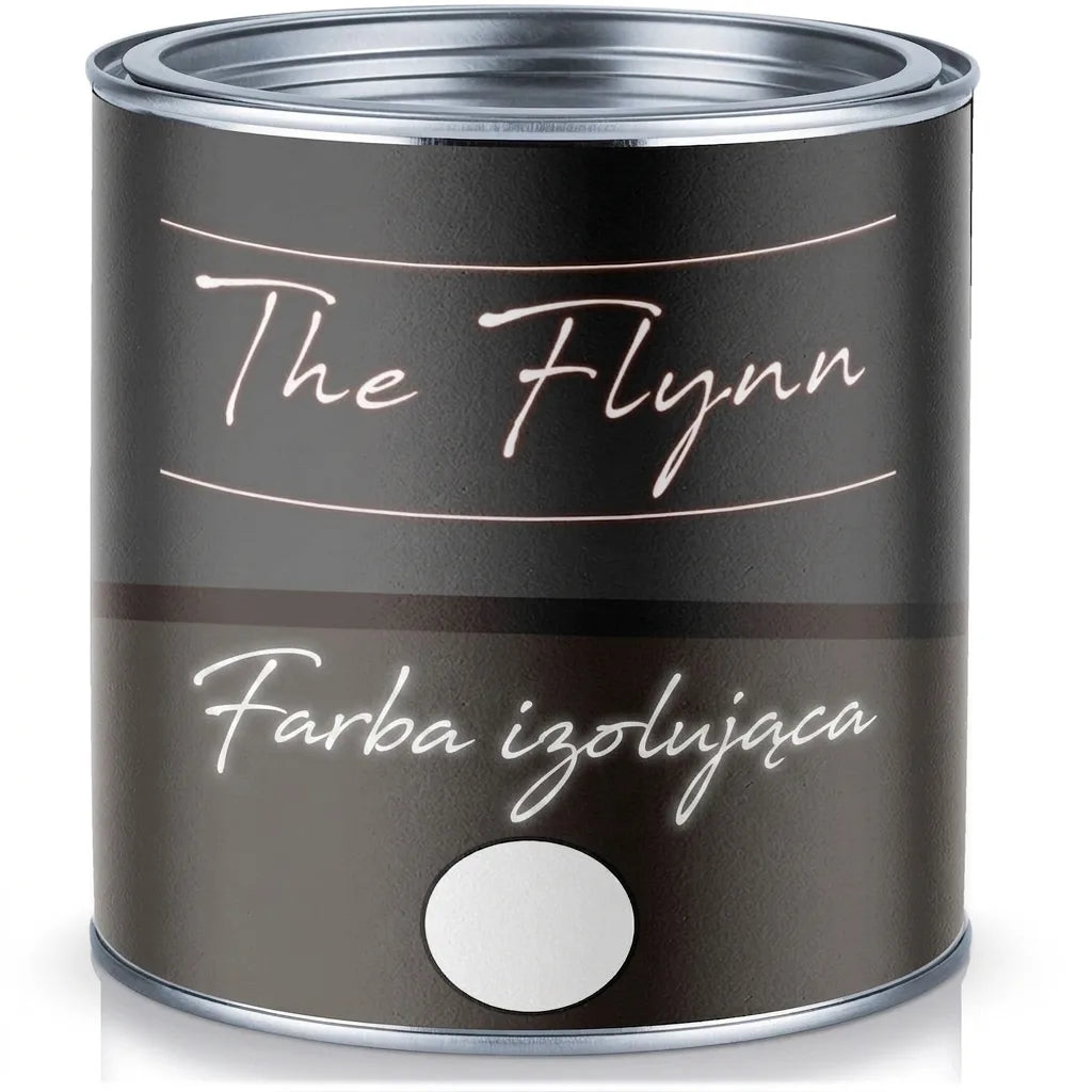 Ciemna puszka farby izolacyjnej The Flynn z białą próbką koloru.