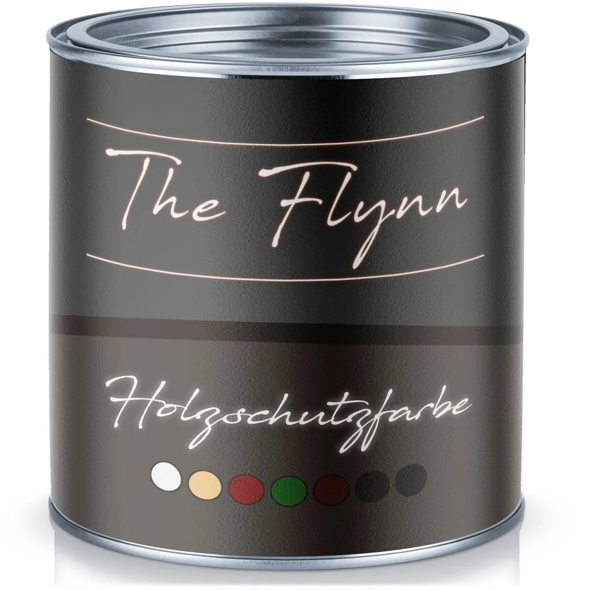 Ciemnobrązowa puszka farby ochronnej do drewna The Flynn z napisem „Holzschutzfarbe” i wzornikiem kolorów.