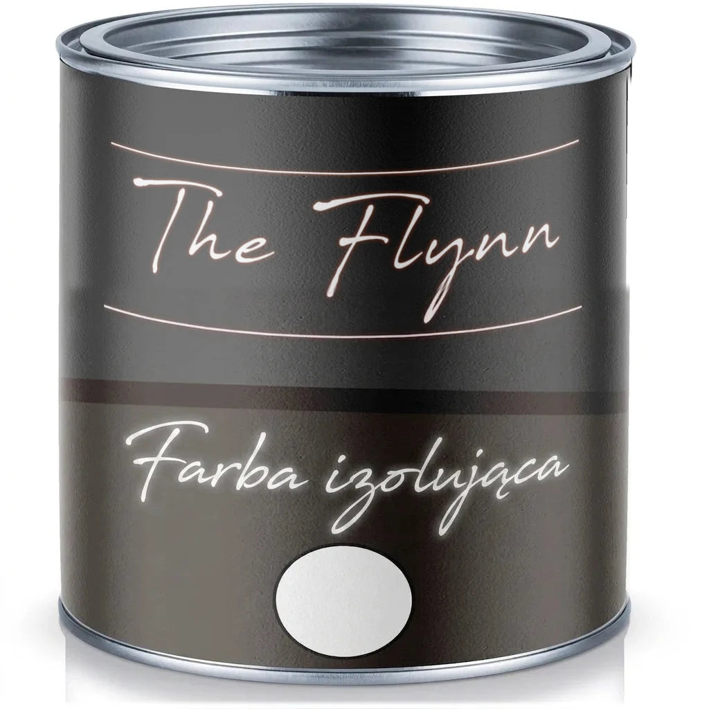 Ciemna puszka farby izolacyjnej The Flynn z białą próbką koloru.