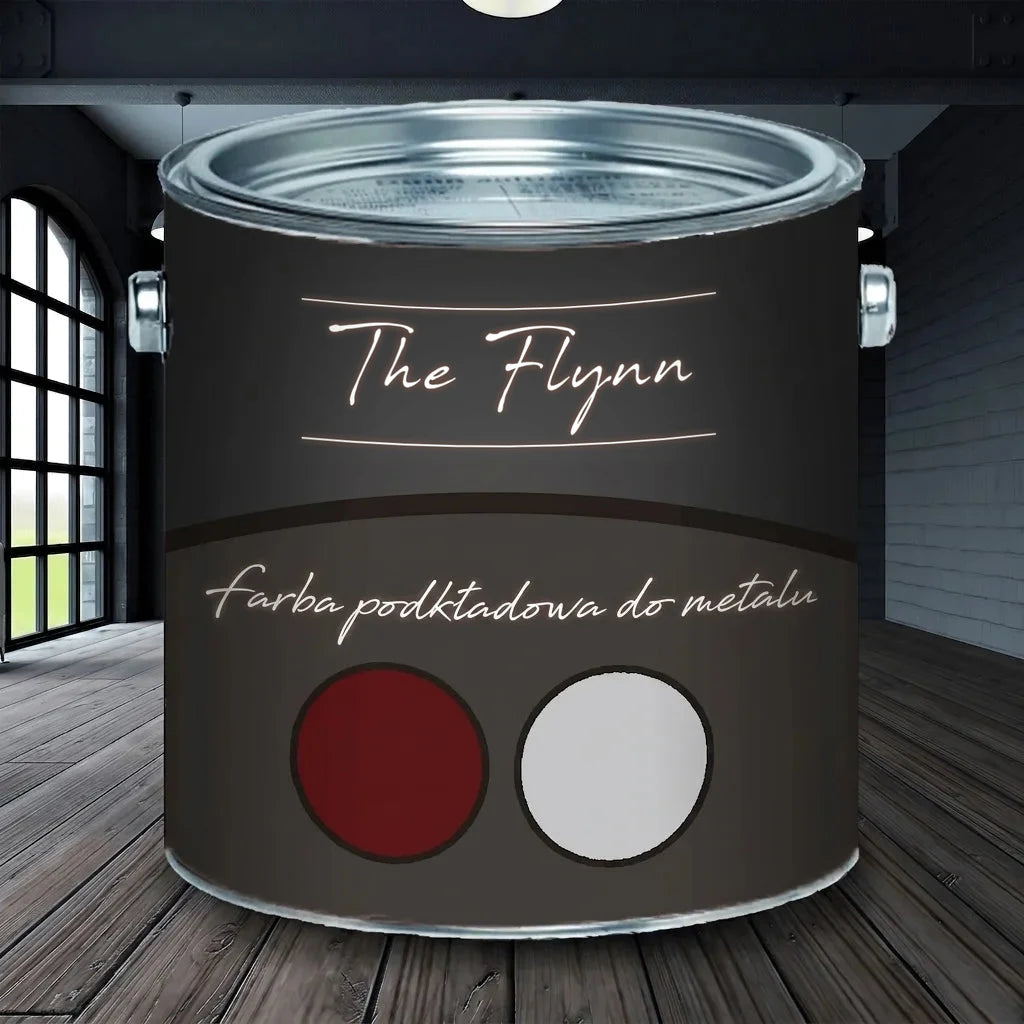 Puszka farby antykorozyjnej The Flynn w ciemnoczerwonym i jasnoszarym kolorze, na tle industrialnego wnętrza.