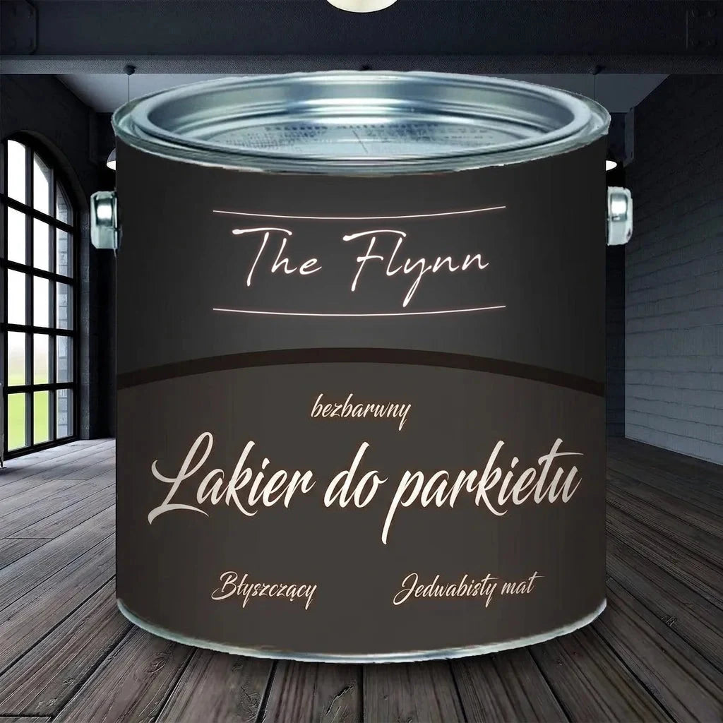 Puszka bezbarwnego lakieru do parkietu The Flynn, błyszczącego lub jedwabisto-matowego, na drewnianej podłodze.