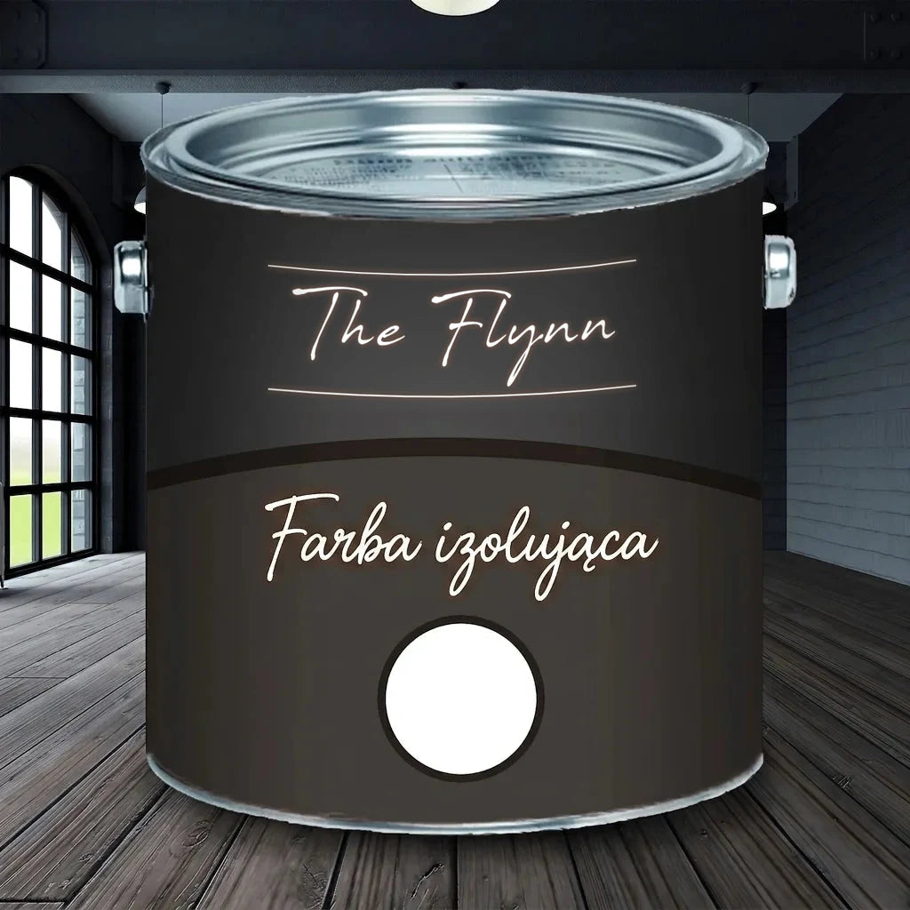 Puszka ciemnoszarej farby izolacyjnej The Flynn na drewnianej podłodze w nowoczesnym wnętrzu z oknami.