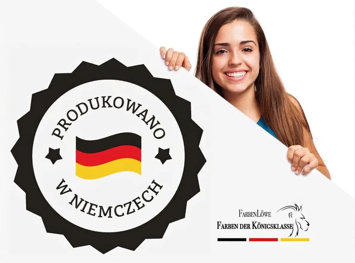 Młoda kobieta z tablicą. Plakietka 'Made in Germany', logo FarbenLöwe 'Farben der Königsklasse'.